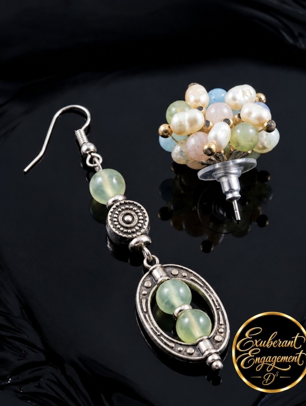 Exuberant Engagement Sage Green And Silvertone Cluster/ Dangle Earrings